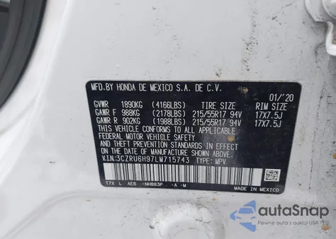 2020 Honda Hr-V Awd Touring from USA, damaged, VIN 3CZRU6H97LM715743